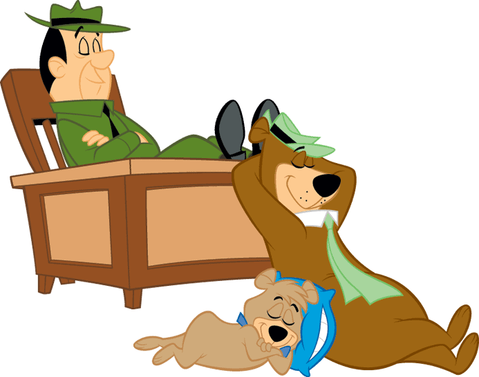 Ranger Smith at his desk with Yogi and Boo Boo