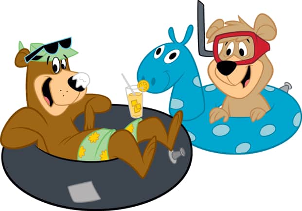 Yogi Bear and Boo Boo lounging in inflatable pool rings